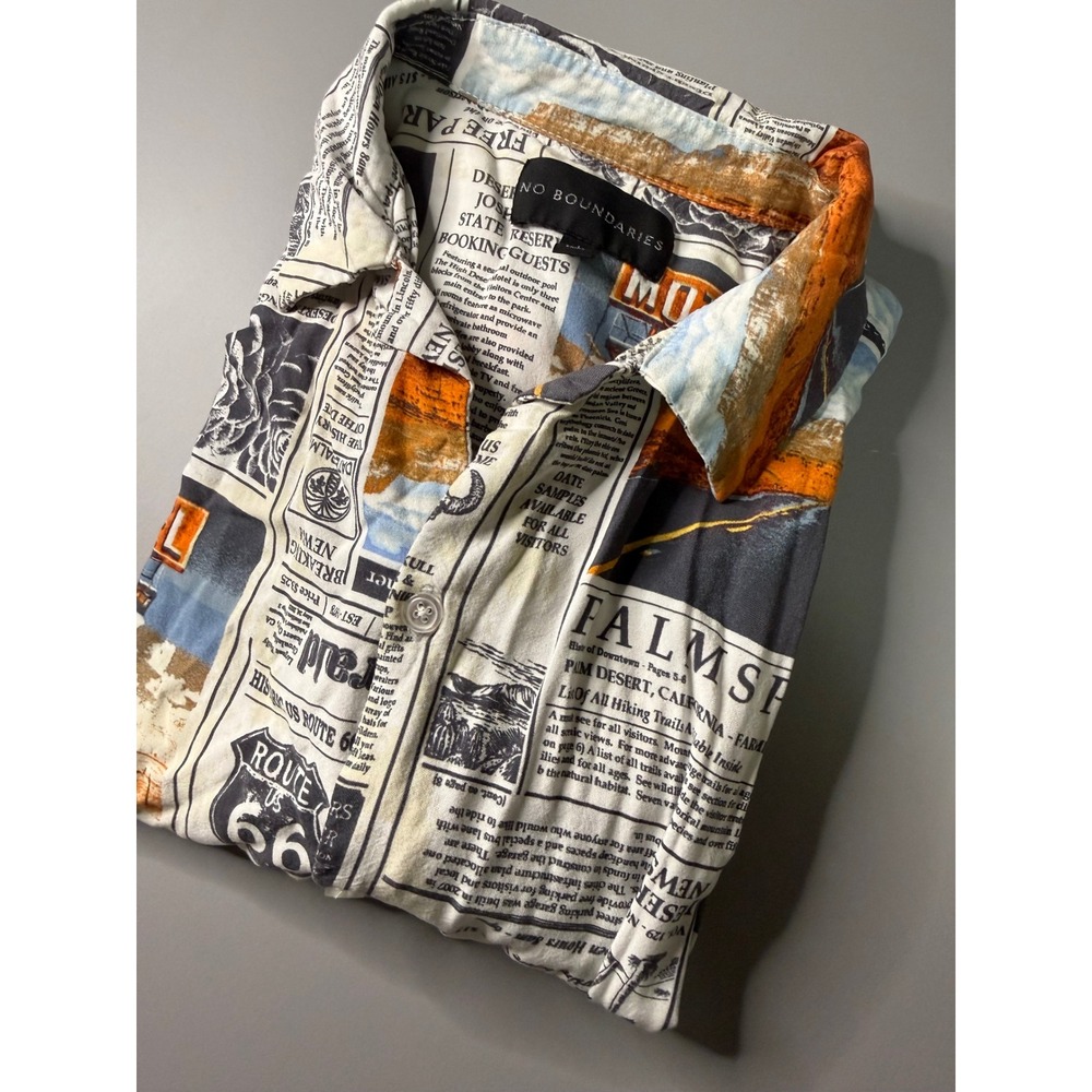 No Boundaries Mens Newspaper Print Shirt Route 66 Palm Springs Rayon Large